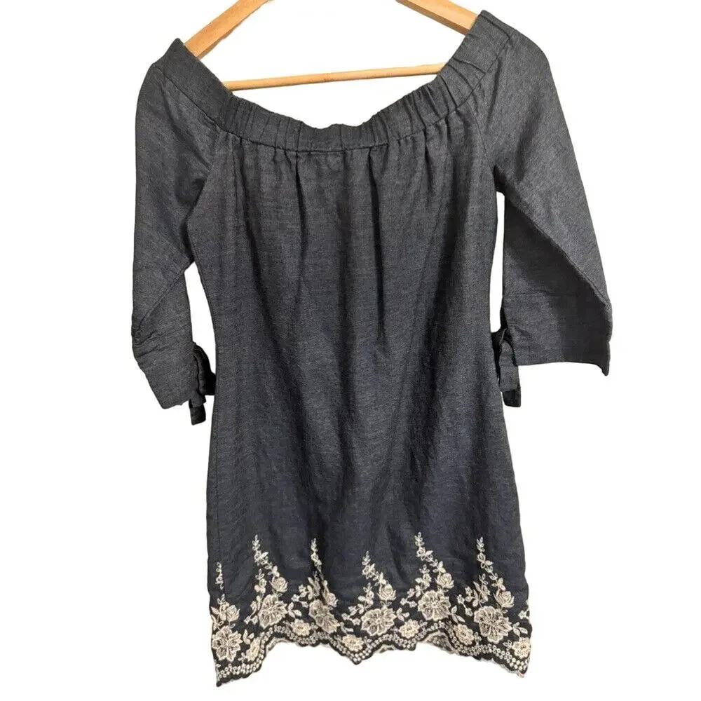 Jessica‎ Howard Off Shoulder Denim Chambray Floral Embroidered Dress Women's 6